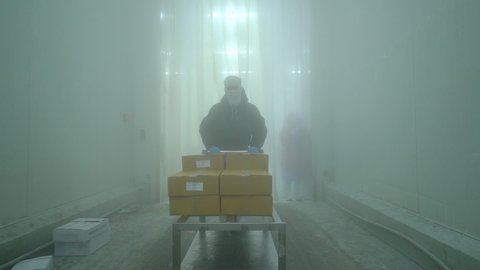 Worker are moving boxes to store in cold storage.