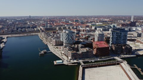 Drone Flight Over Un City And Nordhavn Harbor, Copenhagen, Denmark
