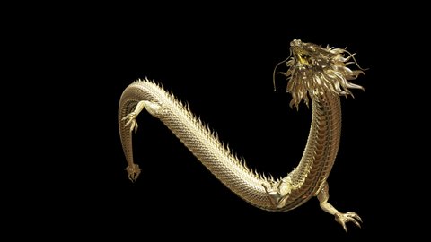 3D animation Gold Chinese dragon move pass camera with 3d rendering animation include alpha path.