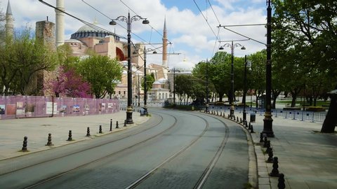 With the curfew in Istanbul, the streets are empty, Sultan Ahmet and Hagia Sophia aerial view