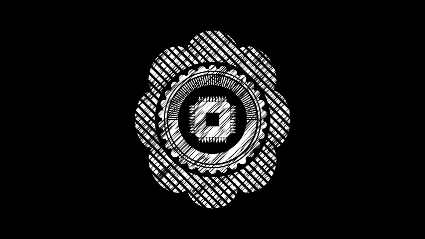 microchip, microprocessor icon drawn with chalkboard texture rotary trend, conceptual draw, premium loop animation