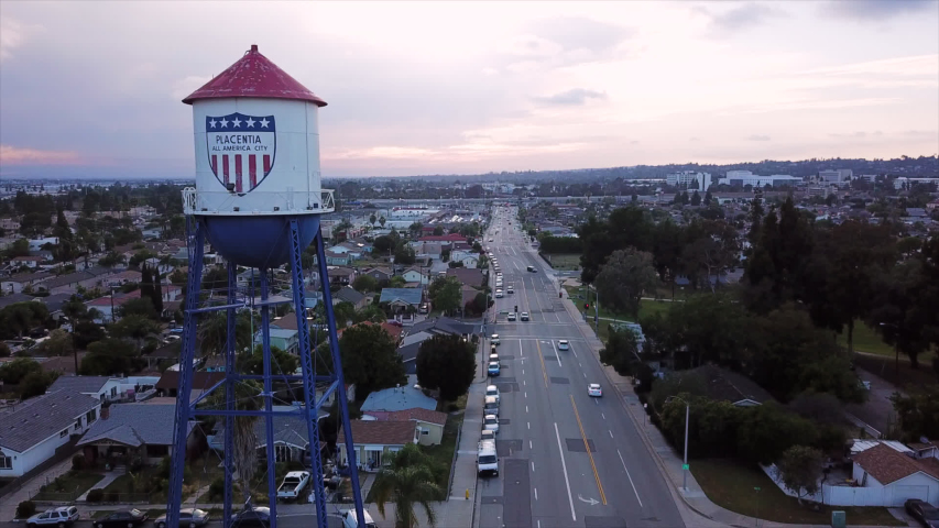 Sunset aerial view of downtown Placentia, California.