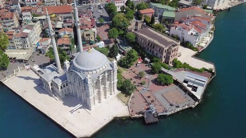 Ortakoy Mosque and Esma Sultan mansion in Ortakoy district in Istanbul. Turkey. Aerial View
