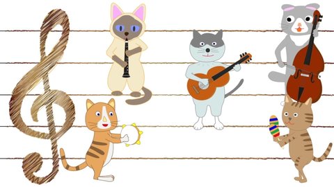Cat concert. A cat is playing an instrument.