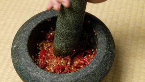 Making the popular Malaysian side dish grounded chilly with shrimp paste, locally  knows as 
