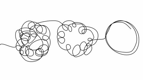 Hand drawn confusion sketch doodle or black line spherical abstract doodle shapes. Tangled chaotic doodle circle, untangled to even shape