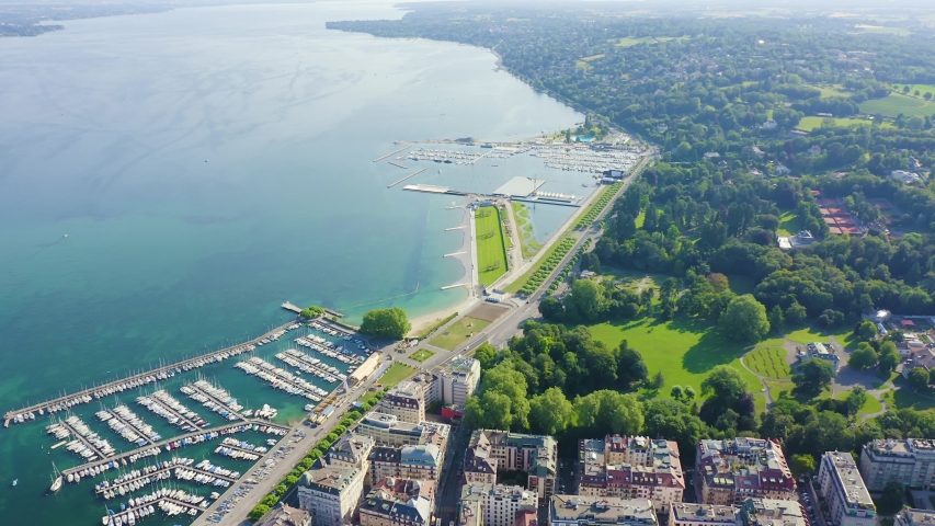 Geneva, Switzerland. Villa la Grange. Flight over the central part of the city. Lake Geneva, Aerial View