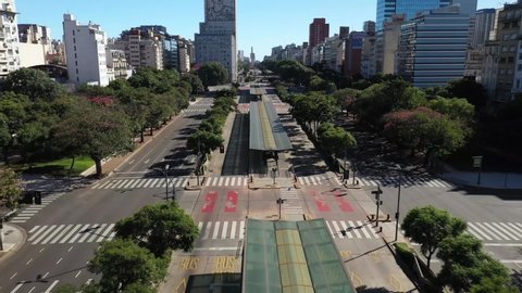 Buenos Aires, Argentina - April 04, 2020: Aerial footage of Avenida 9 de Julio almost empty during the quarantine pandemic in Buenos Aires, Argentina