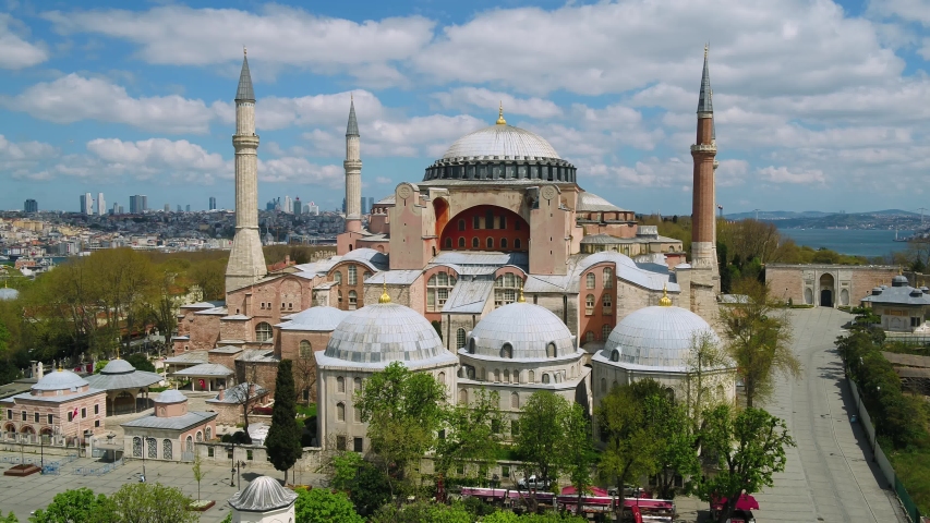 empty spaces of Istanbul due to coronavirus. Aerial view of Hagia Sophia and Sultanahmet from Bosphorus