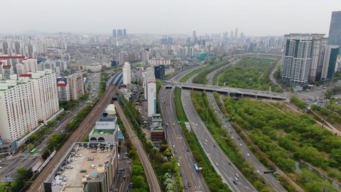 Seoul, Korea, Yeouido Financial Building City Road Traffic Flow, April 19, 2020 PM