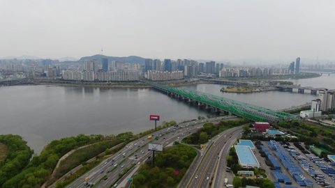 Seoul, Korea, Yeouido Financial Building City Road Traffic Flow, April 19, 2020 PM