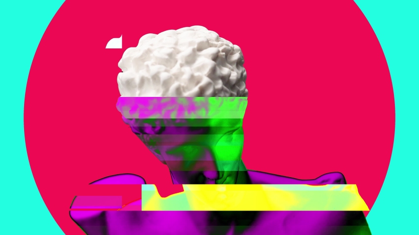 Animated Pop Art Vaporwave Glitching Roman Greek statue colourful, magenta, blue changing colours.