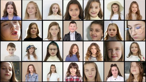 Video footage of children talking on camera, face collage, and happy children