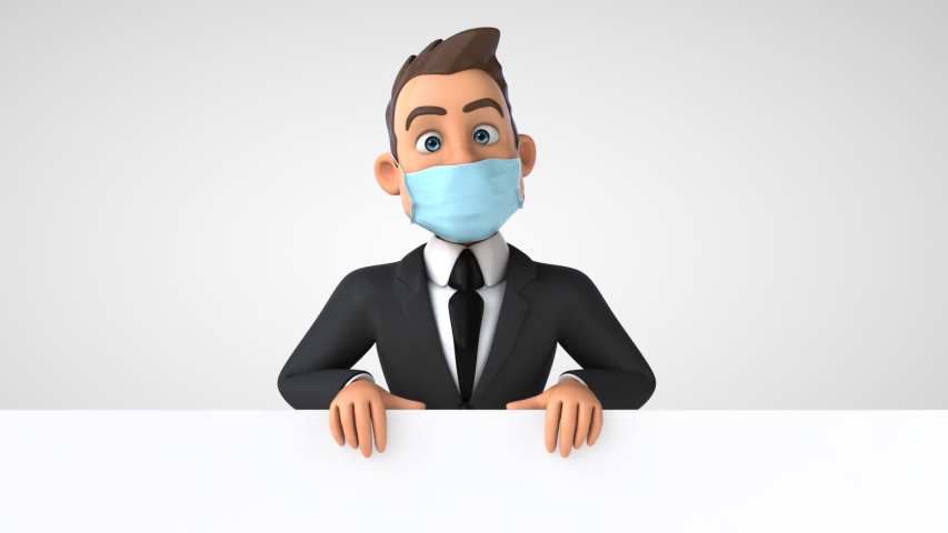 Cartoon business man with a mask and a sign