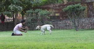 Man playing with his pet dog in the garden. 
