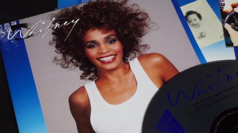 Rome, Italy - April, 23 2020, some albums of the singer Whitney Houston: the first album Whitney Houston 1985, the second Whitney, 1987 and The Essential album collection of 2011.
