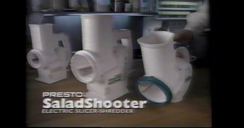 1990's USA Presto Salad Shooter Electric Slicer Television Commercial Advertisement. 4K Scan from vintage broadcast VHS Betacam Master 