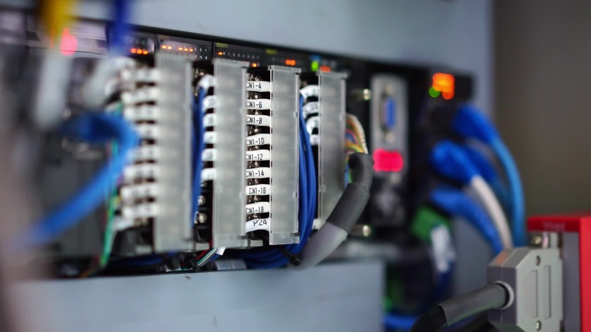 View of signal cable mark on I/O module of PLC in automation machine control box. Royalty-Free Stock Footage #1051168906
