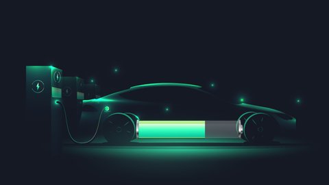 Electric car silhouette on dark background with charging battery process at charging station. Ev concept. Time lapse, looped animation