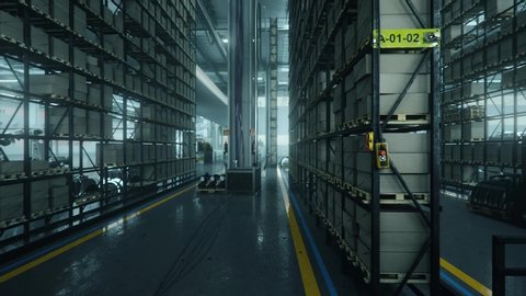 High Rack Storage Area. Cinematic computer-animation of a industrial high rack storage system.
