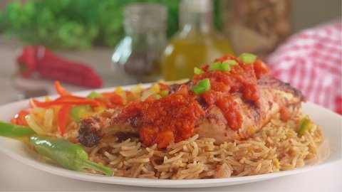 Roasted Chicken with Basmati Indian rice with tomato sauce, Saudi Kabsa