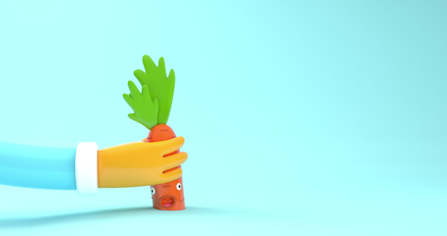 Funny Carrot Character Resists the Hand on the Blue Background. Advertising Concept with Vegetables. Seamless Looping Animation. 3D Render