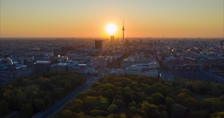 Aerial view of the Brandenburg Gate - monument in Berlin,Germany, Europe. 
 With skyline in the background. 4K Timelapse.
