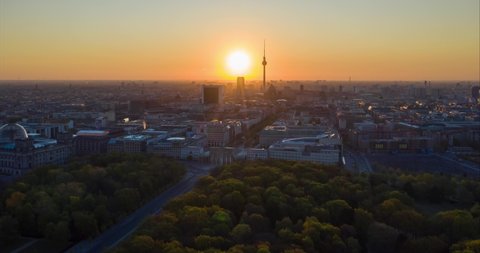 Aerial view of the Brandenburg Gate - monument in Berlin,Germany, Europe. 
 With skyline in the background. 4K Timelapse.