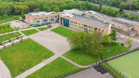 Wakefield UK, 26th April 2020: Aerial footage of The Rodillian Academy School located in Lofthouse, Wakefield West Yorkshire in the UK showing the main high school building and grounds.