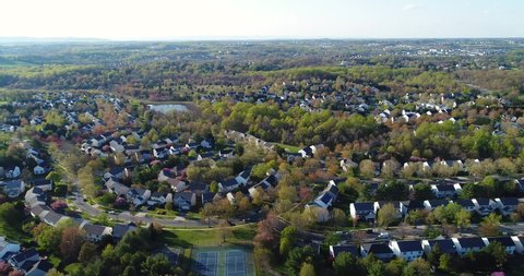 Germantown, Maryland / USA - April 16, 2020: An aerial view of residential neighborhoods in Montgomery County.