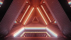 VJ Loop - Flying Through a Triangular Low Resolution Retro Tunnel, with Glowing Red, Orange and Blue Neon Lights