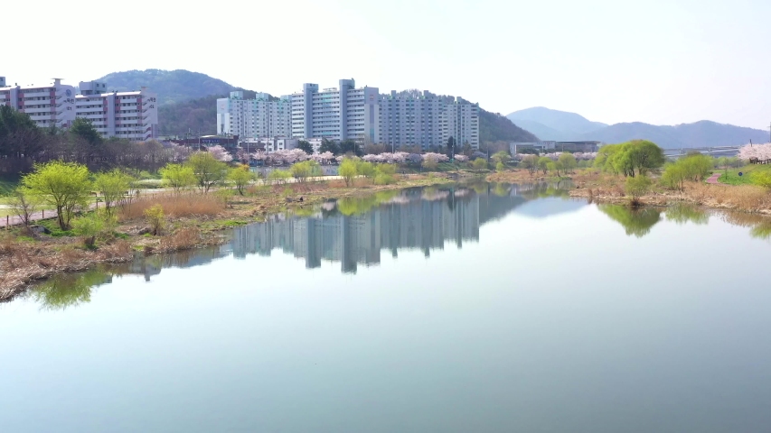Drone shot of the Gapcheon River in Daejeon, South Korea