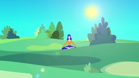 Yoga animation, Young Woman doing Yoga, Calm and cool environment. Healthy Active Lifestyle.  with Visual Effects. The girl meditates, Motion design, Motion Graphics, Illustrative style