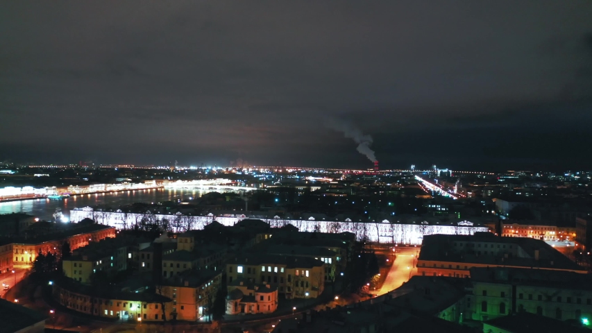 Aerial view of Old Saint Petersburg Stock Exchange and Rostral Columns, St Petersburg, Russia