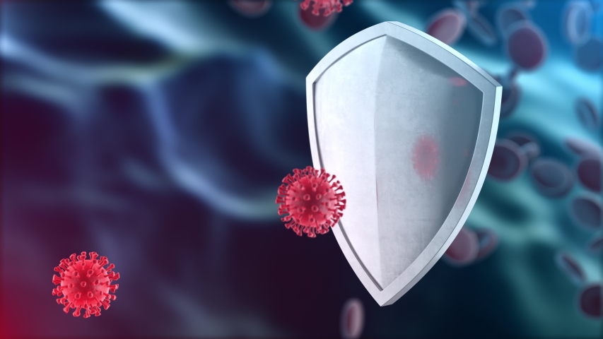 Security shield as virus protection concept. Coronavirus Sars-Cov-2 safety barrier. Shiny steel shield protecting against virus cells, source of covid-19 disease. Defense against bacteria 3D rendering Royalty-Free Stock Footage #1051235422