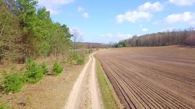 Flight over sandy road near forest and field. 4k drone video.