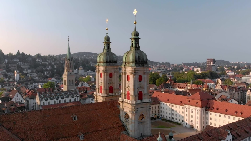 Beautiful Aerial View with drone of St. Gallen Cityscape Skyline, Abbey Cathedral of Saint Gall in Switzerland.