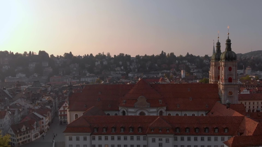 Beautiful Aerial View with drone of St. Gallen Cityscape Skyline, Abbey Cathedral of Saint Gall in Switzerland.