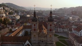 Beautiful Aerial View with drone of St. Gallen Cityscape Skyline, Abbey Cathedral of Saint Gall in Switzerland.