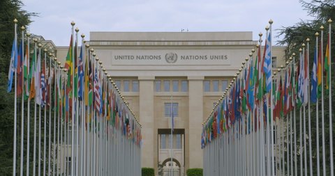 GENEVA, 24 APRIL 2020, COVID-19 : United Nations Organization office in Geneva, Switzerland, headquarter of UN in Europe.