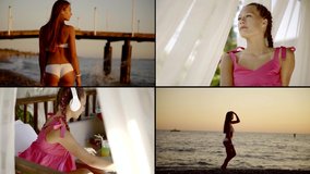 a collage of four videos. a young woman walks along the seashore at sunset, goes to the pier, sits in a Chillout with headphones and a laptop, and rests in the shade of white curtains on a Sunny day