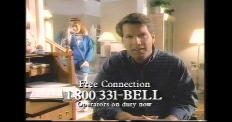 1990's USA South Central Bell Telephone Company Television Commercial Advertisement. Wacky Families juggle  day to day living and rotary phone calls. 4K Scan from vintage broadcast VHS Betacam Master 