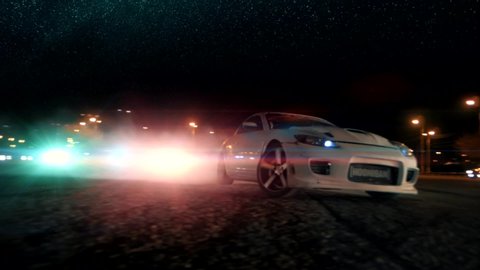 Sports car rides sideways in a drift on a background of the starry sky