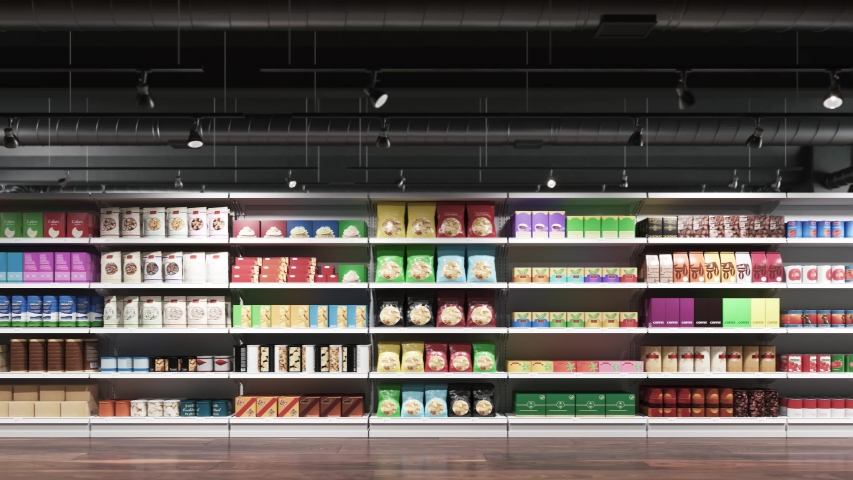 Supermarket shelves with products. Modern supermarket interior with full various products Royalty-Free Stock Footage #1051272289