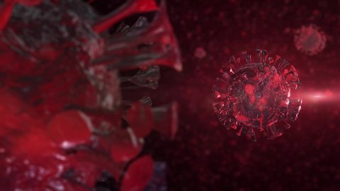 A lot of coronavirus cells on a dark red background. The virus animation is realistic. Medical animation Covid-19 pandemic for background. 3D. 4k