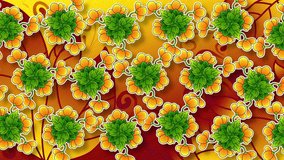 Abstract animated flat background of painted flowers in horizontal movement and rotation. Imitation of embossed paper. Yellow flowers with green leaves for decoration.