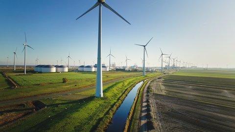 AERIAL WS Wind turbines in fields, Eemshaven, Groningen, the Netherlands