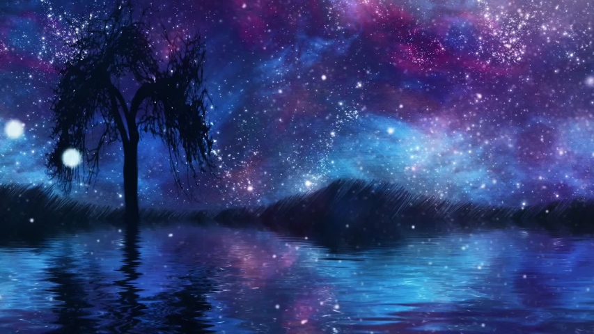 Silhouette of tree on a calm water. Moon in the starry sky