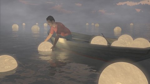 Moon catcher. Man in a boat generic animation