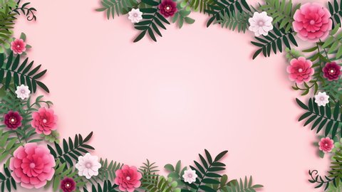 Pink Flower frame appearing composition. Leaves, flowers grow and bloom. Dynamic, bright roses or peonies pattern. 3D Render. Mother Day animated celebrative template. Abstract Spring, Summer 4K clip